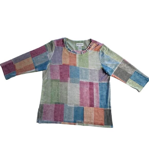 Alfred Dunner Tops - Alfred Dunner Women’s Petite Small Swiss Chalet Checkered Round Neck 3/4 Sleeve